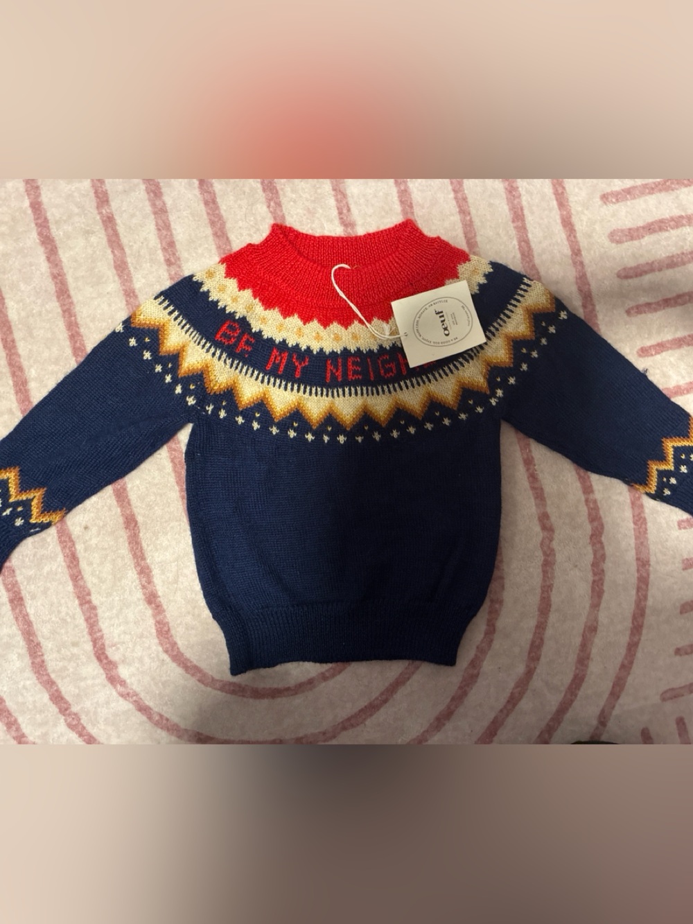 Boutique 100% alpaca Children's Navy Fair Isle Sweater with Red Yoke